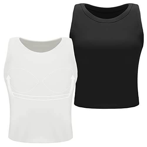 Image of Ibeauti 2 Pack Womens Crop Tank Top with Built in Bra Ribbed Padded Yoga Tank Tops (L, Black /White)