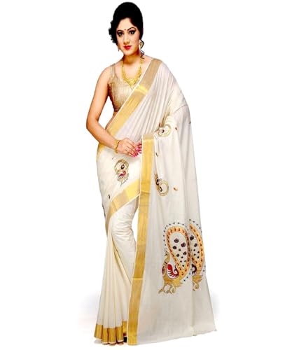 Stylesindia Cotton Kerala Kasavu Zari Embroidery Saree With Blouse, Kuthampully Kerala Kasavu Saree Onam Deevali Pongal (Designer #02)