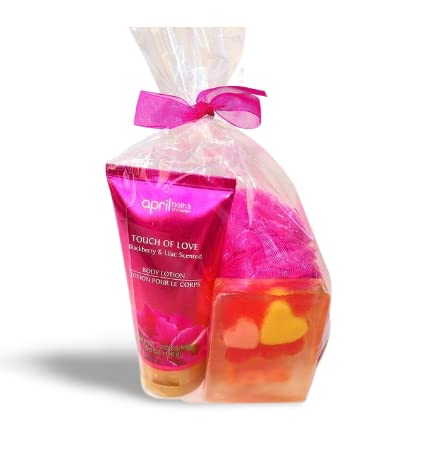 Bath Gift Set | Glycerin bar soap, Large mesh sponge, Body Lotion Touch of Love Blackberry & Lilac Scented Perfect for Bubble & Spa Bath. Mothers day Gifts idea For Her/Him, wife, girlfriend.