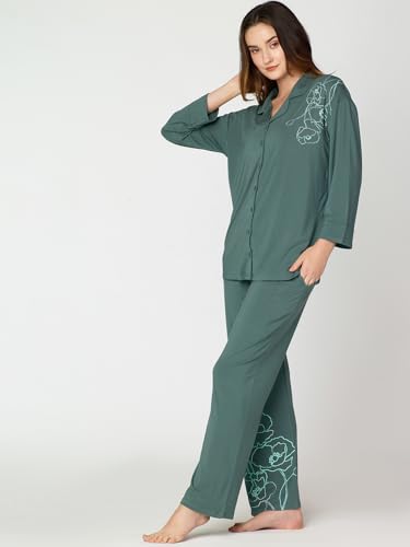 Image of Night Suit for Womens Floral Printed Modal Night Dress of Shirt and Pajama Set 9365