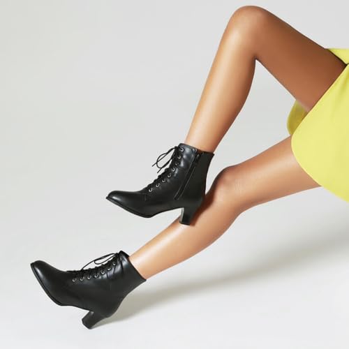 Women's Wide Width Ankle Boots, Extra Wide Mid Heel Side Zipper and Lace Up Short Booties for Party Dating Leisure Daily Life4