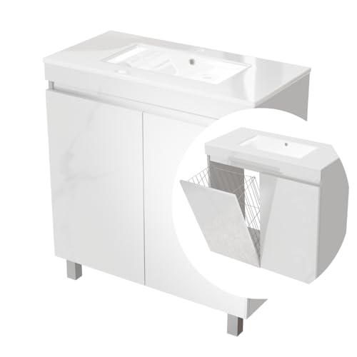 paplinskimoebel Waschbecken mit Unterschrank Ribera 80 cm, Hängend oder Stehend, Waschtisch mit Unterschrank für Badezimmer, Wäschekorb, Wäscheschrank, Hochglanz, 2 Soft-Close-Türen. (Weiß, 80)