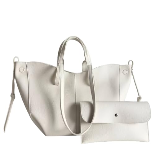 CORIOS Damen Handtasche Flügeltasche Cyme Rindsleder Schultertaschen Eimer Taschen Elegant Tote Beutel Große Kapazität Tragetasche Henkeltaschen 2pcs für Reise Arbeit Shopper Alltag Weiß L