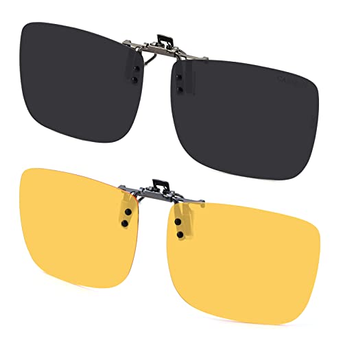 Image of CAXMAN Clip on Sunglasses and Clip on Night Driving Glasses over Prescription Eyeglasses Flip up for Men Women Anti Glare HD Polarized for Night Vision, Grey & Yellow Lens Extra Large 60*47mm 2 Pack