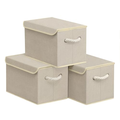 SONGMICS Cajas Almacenaje Ropa de Tela, Cajas Organizadoras con Tapa, 38 x 25 x 25 cm, Juego de 3, Organizador de Armario, Beige Arena, Colección Tina RFB013LZ01