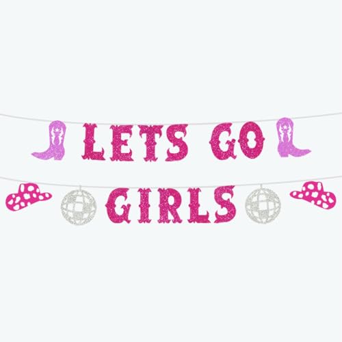 BlissBash Lets Go Girls Banner Cowgirl Bachelorette Party Banner Decorations Pink Glitter Western Rodeo Sign for Nashville Birthday Last Rodeo Disco Cowgirl Boots Bows Hot Girl Party Decor