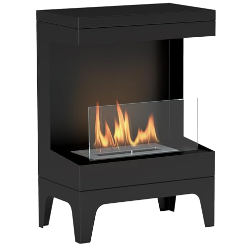 HOMCOM Chimenea de Bioetanol Estufa de Bioetanol de Pie con Tanque de 0,9 L Apagallamas de Acero Inoxidable Tiempo de Combustión 3,3H para Interiores 15-20 m² 38x22x54 cm Negro