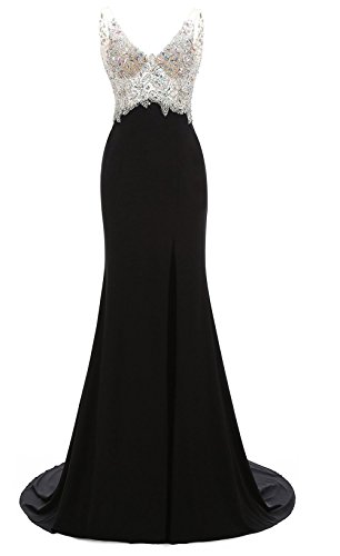 Manfei Women's V-Neck Crystal Beaded 2020 Mermaid Long Prom Dress Slit Side Black Size 10