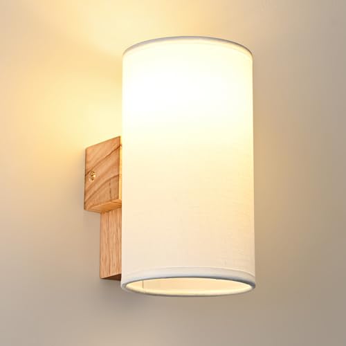 Gleonlux Wandleuchte Holz Innen Vintage Wandlampe innen mit E14 Fassung Retro Wandleuchten Boho aus Stoffbezug Wandbeleuchtung Industrial für Treppenhaus Wohnzimmer Schlafzimmer Flur Zylindrisch