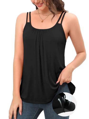 V FOR CITY Black Camisole Top for Woman Built in Bras Summer Adjustable Double Spaghetti Strap Tank Tops Loose Yoga Cami Shirts