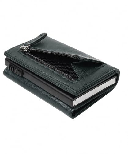 Image of BLACKTHORNE Leather Trifold Wallet for Men | Stylish RFID Blocking Slim Wallet with Metallic Card Holder, Slide Button Pop-Up, Zipper Coin Pocket & Magnetic Closure (Olive Green)