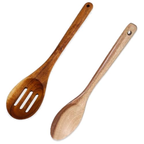 Kytpyi Cucchiaio Legno, Mestoli Cucina, 2 Pezzi 30 * 6cm Cucchiai Resistente al Calore Anti-aderente con Foro per Appendere, Maniglia Estesa Set Mestoli Cucina Leggero Durevole per Cucinare Mescolare