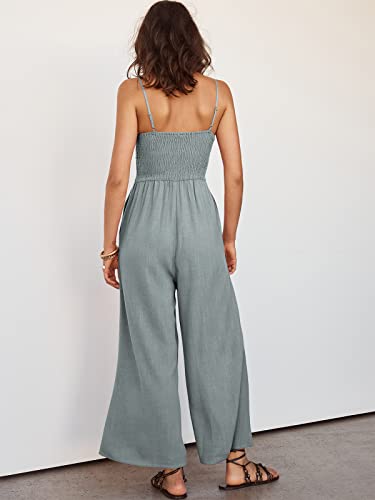 Anrabess Women's Summer Spaghetti Straps V Neck Cutout Smocked High Waist Wide Leg Jumpsuits Rompers With Pockets 501Qianhui-M #TOP5