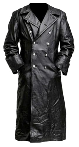 MENS GERMAN CLASSIC WW2 OFFICER MILITARY UNIFORM BLACK FAUX LEATHER TRENCH COAT SIZE S-5XL