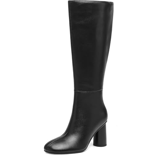 Knee High Boots for Women Chunky High Heel Round Toe Tall Long Boots with Side Zipper