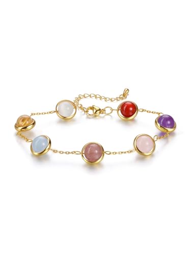 CrystalTears Womens Crystal Beaded Bracelet, Gold Plated Healing Crystals Gemstone Planet Bracelets for Women, Spiritual Crystal Stone Bracelet Jewellery Gifts for Women Ladies Her Birthday