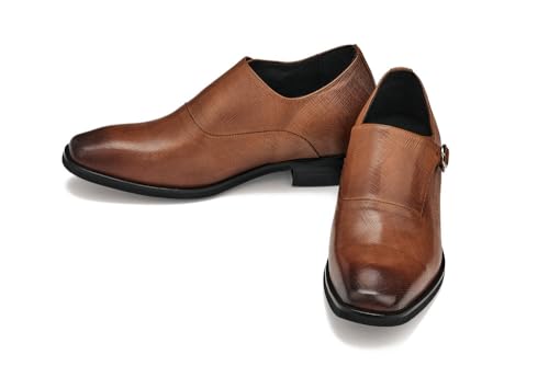 Image of CALTO Men's Invisible Height Increasing Elevator Shoes - Sand Brown Leather Slip-on Lightweight Formal Dress Loafers- 2.8 Inches Taller - Y1181 - Size 8 D(M) US