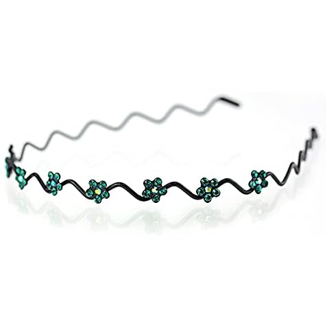 Double Accent Hair Jewelry Decorative Headband Flowers Wavy Wire Rhinestone Crystal Headband, Green Cover