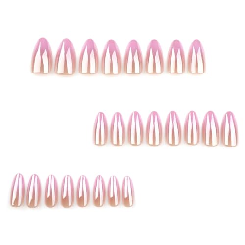Image of Pink Chrome Press on Nails Ombre Fake Nails Medium Almond False Nails with Design Glossy Full Cover Glue on Nails Artificial Acrylic Stick on Nails for Women Girls Spring Summer Nail Decoration 24Pcs