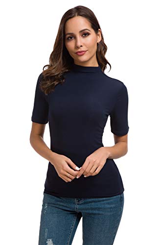 Women Basic Stretchy Long Sleeve/Short Sleeve Mock Turtle Neck Layering Slim Fit T Shirt Tops