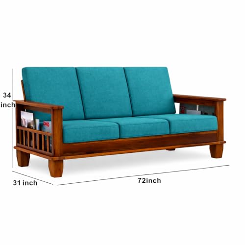 Image of Solid Sheesham Wood 3 Seater Sofa for Living Room | Couch Sofa for Living Room | Sofa Set Furniture for Home| Settee 3 Seater - Teal