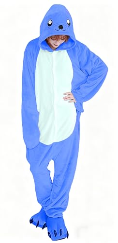 Ovender Cosplay Pijama Kigurumi Disfraz Animale Mono de una Pieza Carnaval Navidad Halloween Adultos Unisex Mujer Hombre Ropa Interior Espectáculo Invierno (L/XL, Sello Azul Claro)