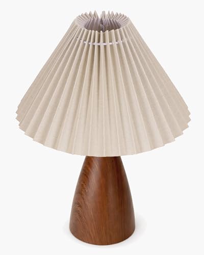 Image of Homesake Wood Grain Pattern Small Table Lamp, Desk Light, Wooden Bedroom Lamps for Nightstand, Scalloped Lamp Shade Table Lamps Small Spaces, Bedroom, Living Room, Taper Cone, (Pleated Khadi)
