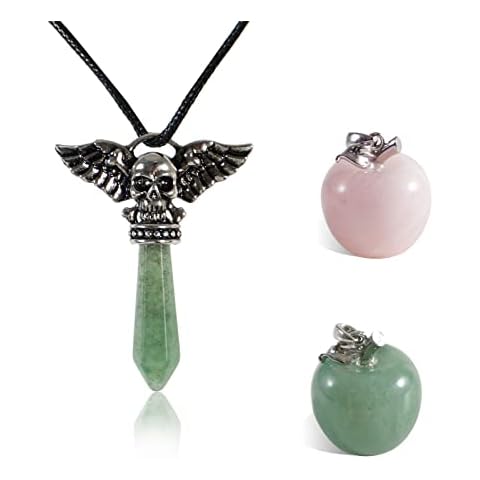 soulnioi Healing Crystal 1Pcs Green Aventurine Apple Statue and 1Pcs Rose Quartz Apple Crystal and 1Pcs Green Aventurine Skull Energy Crystal Pendulum with Black Cord Cover
