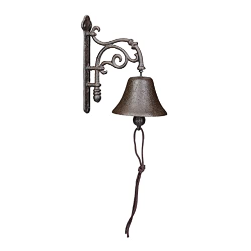 Relaxdays Gusseisen Türglocke Campana Pared Adornos Curvos, Hierro Fundido, Envejecida, Timbre Jardín Retro, con Cuerda, Exterior, Marrón, 18,5 x 10 x 16,5 cm Aprox