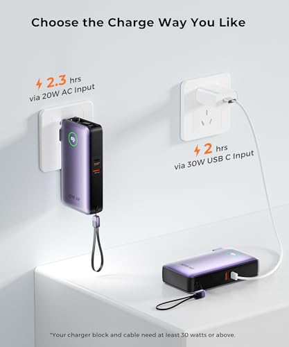 Image of JOYFAR Portable Charger Power Bank - Battery Pack 35W AC Plug GaN 10000mAh Built in Cable USB C Phone Fast Charging Powerbank Compatible with iPhone 16 15 14 13 12 11 X iPad MacBook Samsung (Purple)