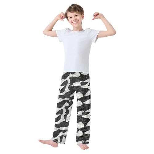 Black White Snake Skin Scales Boys Long Pants Soft Trousers Elastic Waist Relaxed Fit Sweatpants Athletic Sports Pant L2
