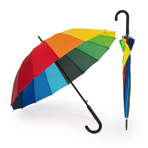 BESCH Paraguas Largo Clásico Grande Automático y Resistente al Viento (Arcoiris Mango Curvadod)