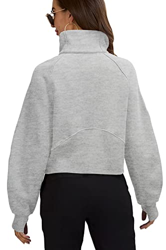 Womens Sweatshirts Half Zipper Crop Pullover Funnel Neck Fleece Lined Zip Up Long Sleeve Tops Thumb Hole Light Grey #TOP1