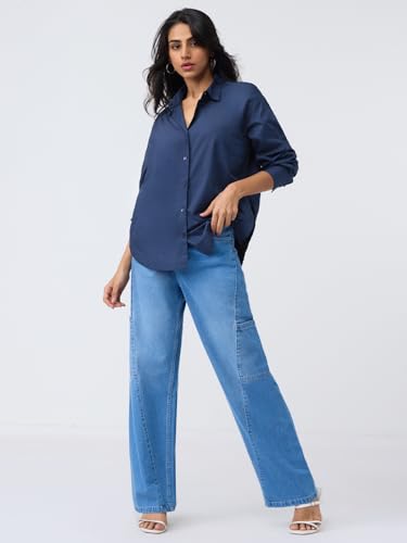 Image of The Souled Store Solids: Women and Girls Full Sleeves Spread Collar Solid Cotton Oversized Fit Lightweight Summer-Ready Casual Streetwear Boyfriend Shirt