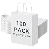 Brothersbox 100Pcs White Paper Gift Bags Medium Size 8x4.75x10 inch, Kraft Paper Bags with Handles Bulk for Shopping, Craft, Business, Retail, Party Favor, Takeout, Goodie, Grocery