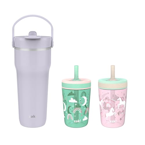 Image of Zak Designs Family Tumbler Bundle with 15oz Toddler Fanciful Unicorn Sippy Cups & 30oz 2-IN-1 Lid Insulated Tumbler Smoky Lilac Purple, Leak-Proof Design Perfect for On-the-Go