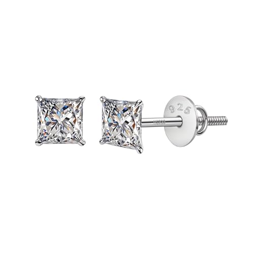 HIGHSPARK 925 Silver Solitaire Screwback Stud Earrings | 92.5 Sterling Silver & Square Princess Cut Brilliant Zirconia Tops for Men, Women, Boys and Girls