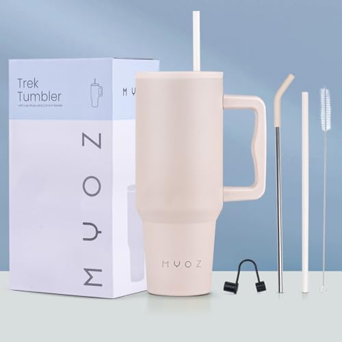 Image of MYOZ 1200ML Stainless Steel Water Mug with Handle, Lid, 2 Straws Leak-Proof Cupholder Tumbler for Gym, Travelling- Spill-Proof 40 oz Bottle (Oatmeal)