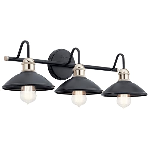 Image of Kichler Clyde 3-Light Bathroom Vanity Light Fixture with Vintage Industrial Design in Black Finish, Wall Mount Over Mirror Lighting for Bathroom (7.25 inch x 26.5 inch x 8.25 inch), 45945BK
