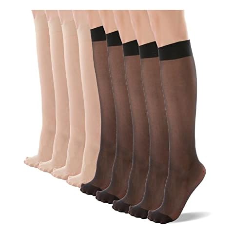 9 Pairs Nylon Silky Sheer Knee High Stockings with Reinforced Toe 20 Denier - - One Size Cover