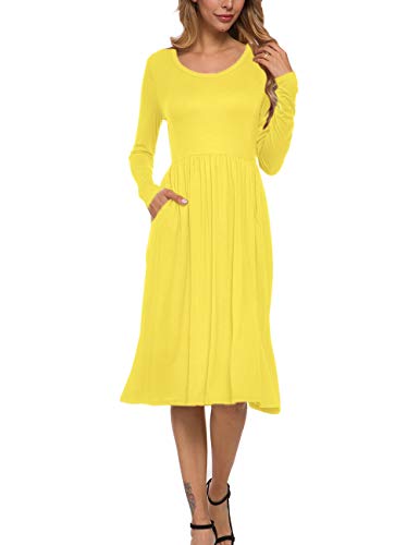 MISFAY Damen Casual Langarm Kleider Empire Taille Lose Midikleid mit Taschen, gelb, Klein Cover