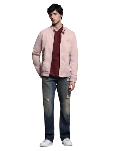 Image of Jack & Jones Men's Mock Collar Solid Cotton Casual Bomber Jacket, Standard Length