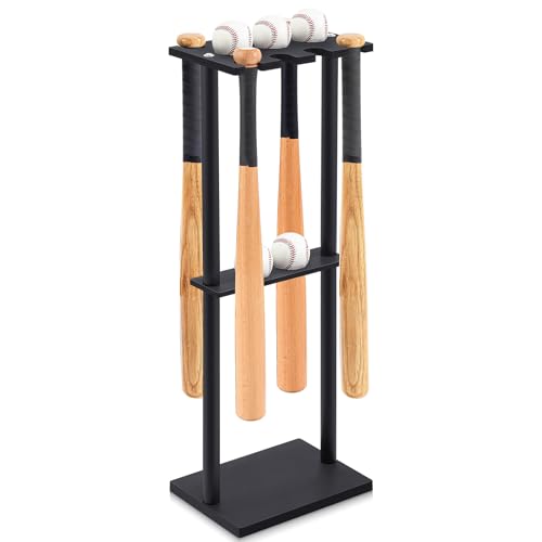 Soulchen 1 Set Baseball Bat Holder Rack 8 Bats 5 Balls, Baseball Bat Display Storage Organizer Floor Standing Softball Sport Equipment Hanger Organizer Stand(Wood)