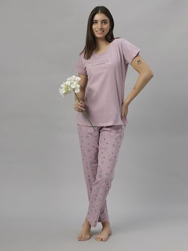 Image of DZZO Women's Cotton Printed Night Suit Set of T-Shirt & Pyjama, Night wear Dress, Relaxed wear for Women /Girls