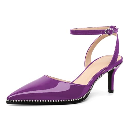 Image of SAMMITOP Kitten Heels for Women Low Heel Closed Toe Ankle Strap Pumps Wedding Party Beaded Dress Shoes 2.4 Inch