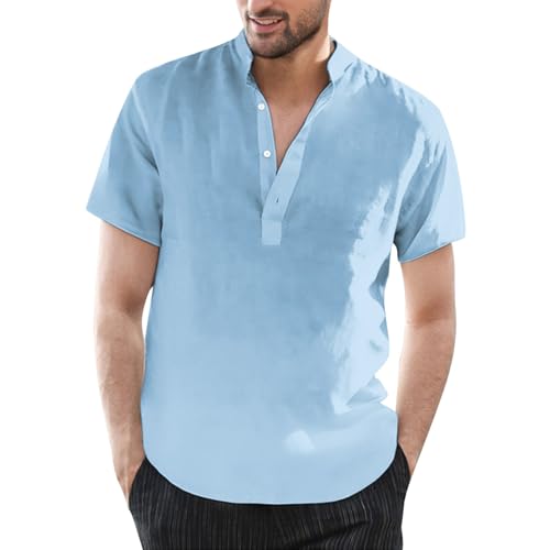 Men's Linen Henley Shirts Casual Lightweight Short Sleeve Beach Yoga