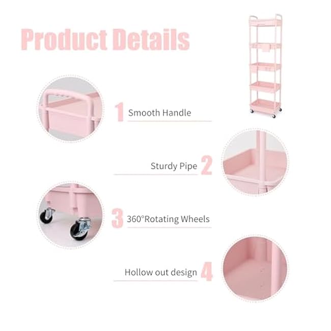 ´¢Îï³µ 5 Tier Rolling Utility Cart with Drawer,with Drawer & Extended Poles,with Plastic Shelf & Lockable Wheels,Smooth Mobility(Color77)-ZyTOme37