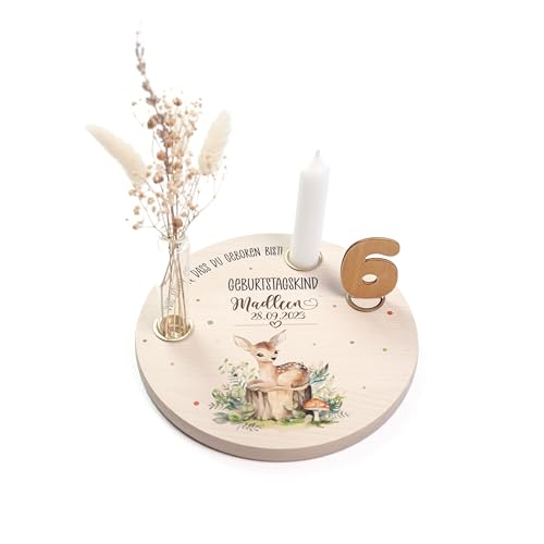 Nord-Kind Geburtstagsteller Holz Personalisiert Reh – Kerzenteller Kindergeburtstag Deko – Nachhaltiger Geburtstagskranz Alternative zum Geburtstagszug – Tischdeko für 1. Geburtstag bis 21 Jahre