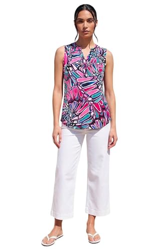Image of Roman Originals Sleeveless Shirt for Women UK Ladies Vest Tank Top Summer Smart Blouse Stretchy Jersey T-Shirt Casual Spring Holiday Party Beach Vacation Notch Neck - Floral Pink Cyan - Size 12