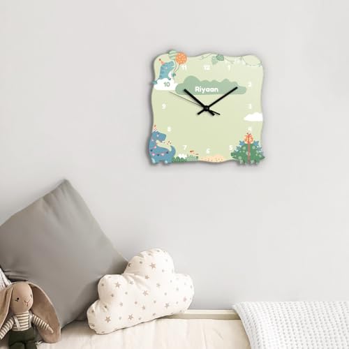 Image of Zooboo Personalized Analog Wall Clock, Custom Name Acrylic Silent Quartz Movement Wall Clock with Sleek Modern Design, Ideal for Birthdays or Return Gifts (Design - Dino Party), 30x30 cm, Multicolor